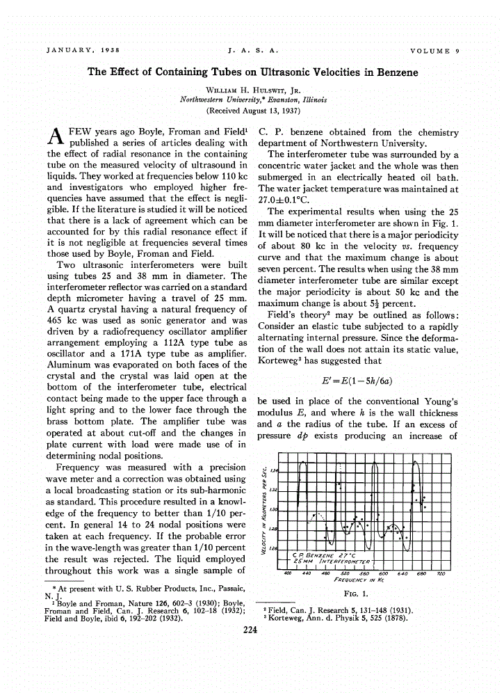 First page of The Effect of Containing Tubes on Ultrasonic Velocities in Benzene