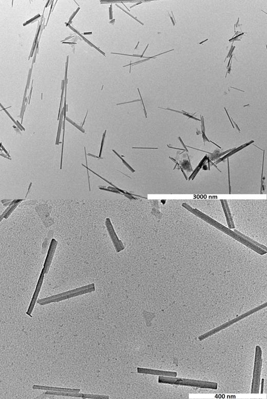 FIG. 1. Example of TEM images used to size particles from sample 5, with the top images used for length (scale bar—3000 nm) and the bottom image used for diameter (scale bar—400 nm).