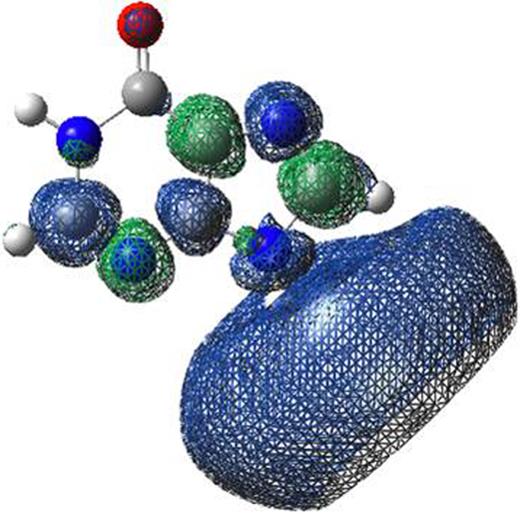 FIG. 4. Molecular orbital spin density plot of the keto-N1H,N9H highest occupied orbital in the dipole-bound anion (somo) of hypoxanthine, calculated using the U(MP2-aug-cc-pVDZ+) method. 