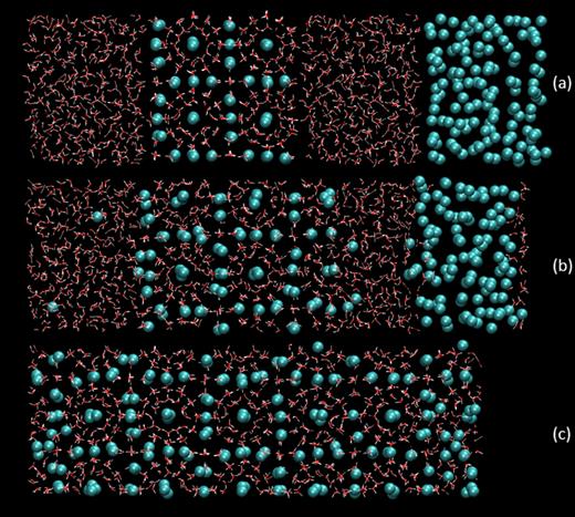 水合物三相共存模型(a初始、b 600ns、c 1500 ns)