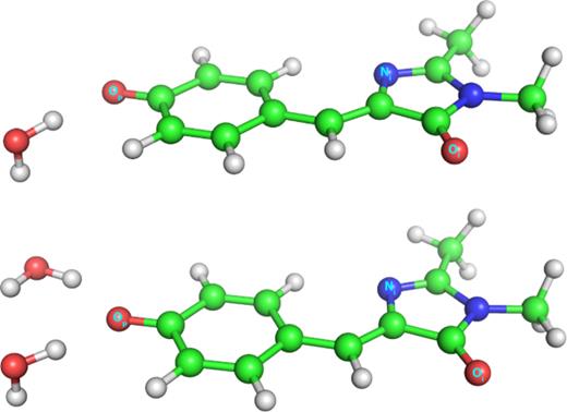 FIG. 1. Lowest energy optimized structures of HDBI− with one (top) and two (bottom) waters.