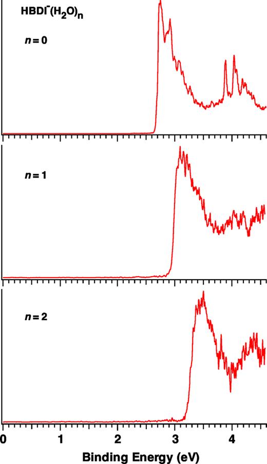FIG. 2. Low-temperature (20 K) photoelectron spectra of HBDI− (H2O)n (n = 0, 1, 2) at 266 nm (4.661 eV).