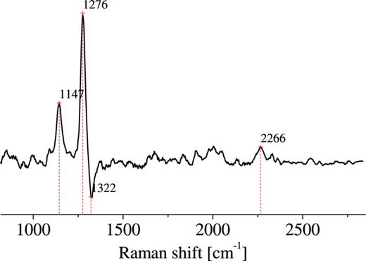 FIG. 3. Resonance Raman spectrum of 13CO2− radical anion probed at 235 nm obtained after 300 ns electron pulse in N2O saturated 5 mM H13COO− solution at pH 10, with small amount of oxygen impurity present (the bands at 1147 and 2266 cm−1 are due to O2−).26