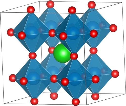 FIG. 1. Polyhedral representation of the cubic perovskite structure. The green atoms are the A-sites, whereas the B-atoms are in the middle of the blue octahedra, and oxygens are red. A atoms are also placed at the center of the edges and faces, but are not shown here for clarity. 