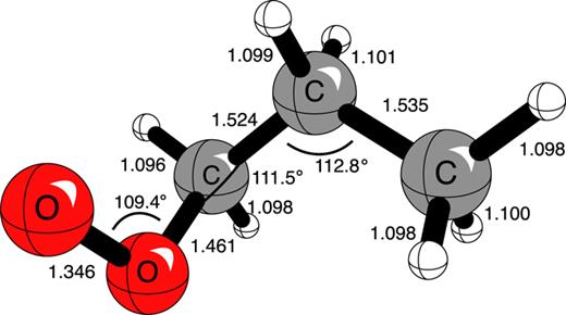 FIG. 2. Equilibrium structure of the lowest energy gauche-gauche (GG) conformer of the n-propylperoxy radical, computed with the CCSD(T)/ANO0 method, including labeled bond distances in Å and selected bond angles in degrees.