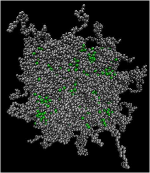 FIG. 1. Polymer matrix with chains shown in grey and dispersed spherical nanoparticles shown in green.