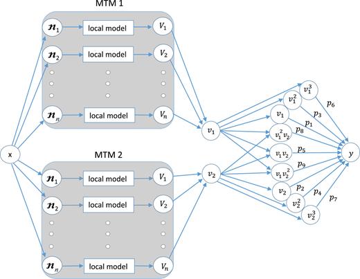 FIG. 4. The nonlocal model, nlMTM, constructed from the two local models. p1, …, p9 are the additional fitting parameters.