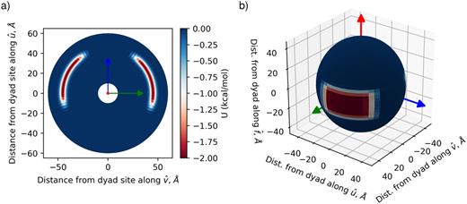 FIG. 2. Pairwise dyad potential. Potential energy of Ugauss,aniso when (a) projected onto the û-v^ plane and (b) plotted as a 3D surface for r = r0. In panels (a) and (b), the dyad site is located at the origin and its orientation ( f^,v^,û) given by the red, green, and blue arrows, respectively.