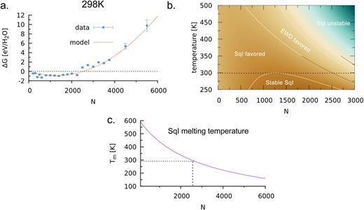 FIG. 2. Finite size scaling thermodynamics. (a) Relative Gibbs free energy per water molecule of SqI over EWD at 298 K as a function of number of water molecules N. The solid line represents the predictions of our model Eq. (2), while the solid squares are the results of our MD simulations. (b) Phase diagram of water encapsulated in bilayer graphene with respect to temperature (K) and number of water molecules, N. The approximate phase boundaries represent the thermodynamically stable (lowest ΔG) and favored (ΔG < 0 but within numerical uncertainty) phases. The dotted horizontal line is the 298 K result. (c) Change in predicted temperature of thermodynamic co-existence (Tm) with flake size. The dotted lines represent the predictions at 298 K.