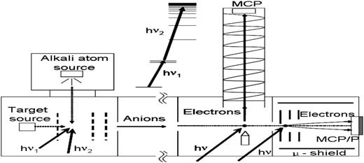 FIG. 1. Schematic of our combined Rydberg electron transfer anion source and its associated negative ion photoelectron spectrometer.