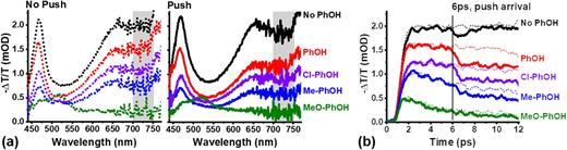 (a) Left panel, dotted lines: pump–probe spectra of TAHz (50 μM) in toluene with and without phenol derivatives, R–PhOH. Right panel, solid lines: pump–push–probe spectra of TAHz (50 μM) in toluene with and without phenol derivatives, R–PhOH. (b) Decay of the population probed from 700 nm–750 nm [shaded in gray in (a)] with (solid) and without (dotted) the push pulse. The system was pumped at 365 nm and pushed at 1150 nm at 6 ps. Adapted with permission from Corp et al., J. Phys. Chem. C 124, 9151 (2020). Copyright 2020 American Chemical Society.