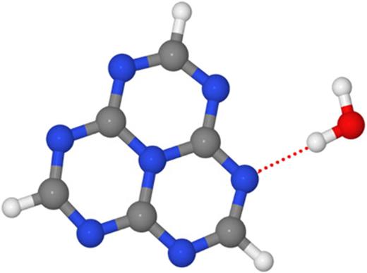 Ground-state equilibrium geometry of the heptazine–H2O complex. The hydrogen bond is indicated by the dotted line.