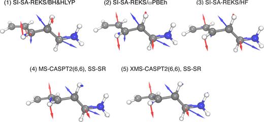 FIG. 9. The MECI structures of PSB3 and the corresponding x¯′ and y¯′ vectors (orthonormalized g/h), calculated with (1) SSR/BH&HLYP, (2) SSR/ωPBEh, (3) SSR/HF, (4) SA-2-CAS(6,6)PT2, and (5) XMS-CAS(6,6)PT2. The vectors g and h are plotted with blue and red arrows, respectively.