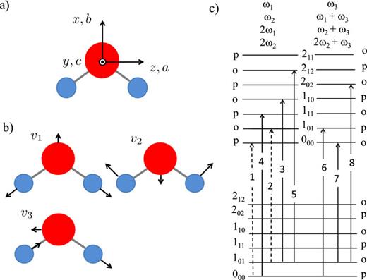 FIG. 1. (a) Molecule-fixed coordinate frame M = {x, y, z} and axes of principal moments of inertia, {a, b, c}. (b) Vibrations: v1, symmetric stretch; v2, symmetric bend; and v3, asymmetric stretch. (c) para-water and ortho-water rotational energy levels in the ground and excited vibrational states (see Sec. III A 5) and rovibrational IR transitions (arrows) between the levels. The rotational states are labeled by JKaKc and p (para) and o (ortho). The IR transitions are between the para states or between the ortho states. 1, 3, and 5 are ortho-H2O transitions, and 2 and 4 are para-H2O transitions. Transitions 1 and 2 are forbidden for a free water molecule. The transitions where the one-quantum excitation of the asymmetric stretch vibration v3 is involved are numbered 6 (para-H2O), and 7 and 8 (ortho-H2O transitions). The rotational and translational far-IR transitions in the ground vibrational states are shown in the inset of Fig. 2.