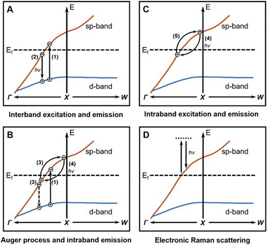 Proposed emission mechanism in AuNRs: (a) interband excitation (1) and interband emission (2); (b) interband excitation (1) followed by Auger scattering of d-band holes into sp-band electrons (3) and intraband emission (4); (c) intraband excitation (5) and intraband emission (4); and (d) electronic Raman scattering involving a virtual electronic state. Adapted with permission from Cai et al., ACS Nano 12, 976–985 (2018). Copyright 2018 American Chemical Society.