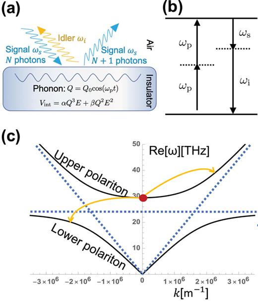 FIG. 1. (a) Schematic figure of light amplification by a coherently oscillating polariton. Oscillating phonons result in parametric generation of pairs of photons. The probe pulse results in Bose enhancement of the process in which one of the parametrically excited photons matches the incoming photon. Hence, we find not only the amplification of light at the incident frequency but also the generation of light at the complimentary frequency. (b) Four-wave mixing using a pair of polaritons. Our parametric amplification occurs when ωs + ωi = 2ωp. (c) Floquet parametric instability as resonant scattering of polaritons. The blue dotted lines schematically show the bare phonons and photon dispersions. The black solid lines show the upper and lower polariton modes resulting from the hybridization of the photon and phonon modes. Polariton condensate at the bottom of the upper polariton band is generated by the pump pulse. The interaction between polaritons arising from non-linearities leads to an elastic scattering process that conserves both energy and momentum. Energies of out-coupled polaritons correspond to modes exhibiting Floquet parametric instability that we discuss in Sec. IV.