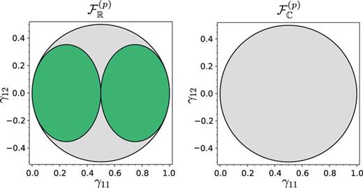 Illustration of the non-v-representable subregions (green) of the set PN1 (gray and green) for the two universal functionals FR(p)(γ) (left) and FC(p)(γ) (right).