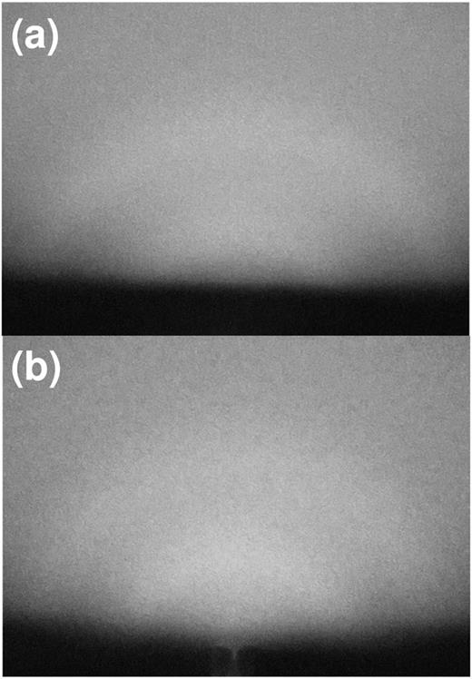 RHEED patterns of ices obtained by Ne matrix sublimation. (a) Sublimation at 13 K after the H2O/Ne (1/1000) gas exposure of 3.1 × 1019 molecules cm−2 at 6 K (for 1800 s at 5.0 × 10−3 Pa). (b) Sublimation at 14.5 K after the H2O/Ne (1/1000) gas exposure of 6.2 × 1019 molecules cm−2 at 6 K (for 1800 s at 1.0 × 10−2 Pa). Vague halo patterns indicate the formation of amorphous water in both cases (a) and (b).