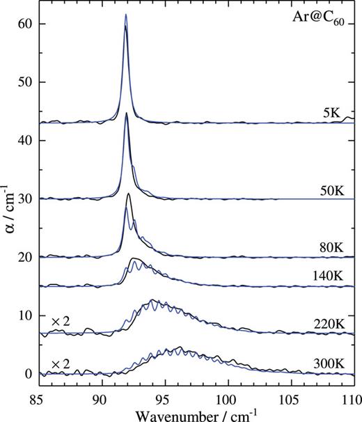 THz absorption spectra of Ar@C60 at different temperatures (black) and the spectra calculated with the best fit parameters from Table I and plotted with a Lorentzian line shape, FWHM = 0.5 cm−1 (blue). The 220 and 300 K spectra are multiplied by a factor of 2.