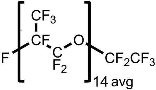 Structure of a typical PFPE molecule. Krytox® 1506 contains a mixture of different chain lengths, with an average chain consisting of 14 monomers.