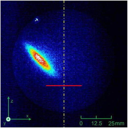 A selected frame (discharge-probe delay of 94 µs) from a raw image sequence of OH (N = 3, θi = 45°, in the xz plane) scattering from the surface of PFPE. All other features as in Fig. 3. (Multimedia available online) 