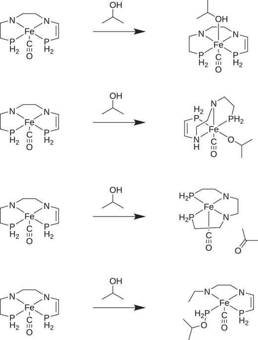 Representative examples of the four main classes of side reactions identified. From top to bottom: coordination of isopropanol to the catalyst; coordination of a solvent molecule to the catalyst with the formal transfer of a hydrogen atom; (partial) hydrogenation of the C–C double bond; partial destruction of the chelate ligand.