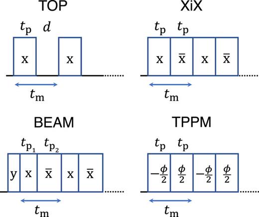 Family of DNP pulse sequences that follow the matching condition nω0I + kωm + lωeff = 0. The DNP pulse sequences TOP, XiX, and TPPM are investigated at 1.2 T in this work. To build up dynamic nuclear polarization of bulk nuclei (usually protons) in the sample, sequences are repeated thousands of times at a sequence-specific rate.