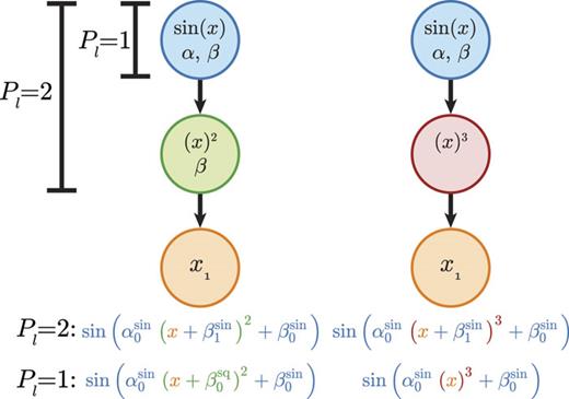 A graphical representation of the effect of the parameterization level for the case where a new parameterized operator is added to a feature that was (left) or was not (right) previously parameterized. If Pl = 1, then only the parameters associated with the root node (blue, sine operator), α0sin and β0sin, get optimized. If the non-root operations were previously parameterized, then those parameters, β0sq, remain fixed. If Pl = 2, then additional parameters associated with child nodes (β1sin) are added to the set that are to be optimized irregardless of if the previous child node had optimized parameters.