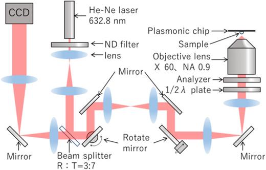 Optical setup for high spatial SPR imaging. The He–Ne laser light irradiates the plasmonic chip through an objective lens, which is also used to focus the reflected light, and the light is subsequently detected with a CCD camera as collimated light.