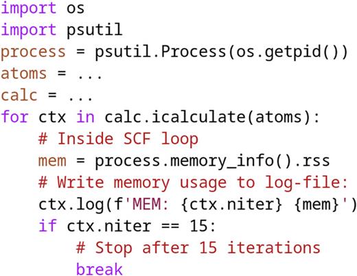 The variable calc is the ground-state DFT calculator object, and its icalculate method yields a context object at every self-consistent field (SCF) step. As seen, one can use this in a for-loop to implement special logic for the termination of the SCF iterations or for diagnostics. In this example, the memory usage is written to the log-file for the first 15 SCF iterations.