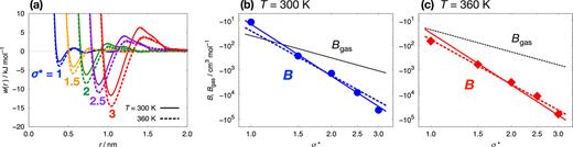 (a) Potentials w(r) of mean force for pairs of solutes with various sizes in water at different temperatures T. The LJ diameters of the solute particles are σ* ≡ σ/σm = 1, 1.5, 2, 2.5, and 3 with σm = 0.373 nm. The solute–solute LJ energy parameter ϵ is fixed to ϵm = 1.23 kJ mol−1 for all-size solutes. The solid and dotted curves are w(r) at T = 300 and 360 K, respectively. (b) The log–log plot of the osmotic second virial coefficients B at T = 300 K against σ*. The dotted and solid blue lines are the best fits to the data with the sixth and seventh power law, respectively. The second virial coefficient Bgas for the LJ gas is also plotted as a function of σ*. (c) B and Bgas at T = 360 K. The best fits of the sixth (dotted red line) and seventh (solid red line) power law are also plotted.