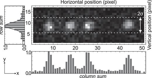 Shown here is a ROI in an image of four fluorescing Ca+ ions and a non-fluorescing CaOH+ ion. This ROI is processed into two data sets: the row sum and column sum, which sum and normalize the image array along the rows and columns, respectively. However, the column sum is not accumulated over the full length of the columns but only in a 2σ wide range around the ions’ vertical position, which is determined using a Gaussian fit, and σ is the fitted waist.