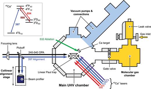 Schematic of the experimental setup and the level structure of 40Ca+.
