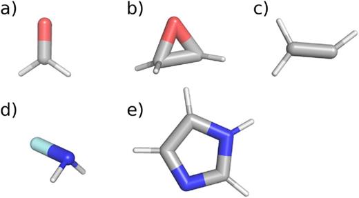 Molecular structures of (a) formaldehyde, (b) oxirane, (c) vinyl radical, (d) fluoroamine, and (e) imidazole.
