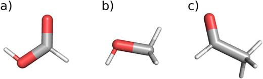 Molecular structures of (a) formic acid, (b) methanol, and (c) acetaldehyde.