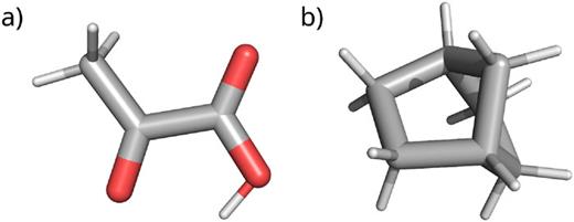 Molecular structures of (a) Tc conformer of pyruvic acid and (b) norbornane.