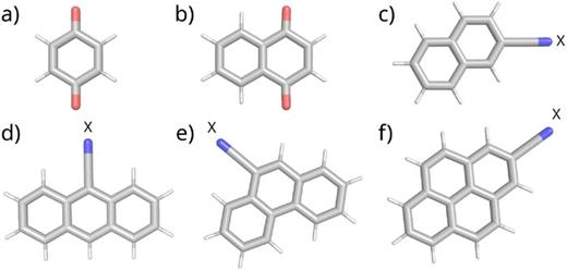 Molecular structures of (a) benzoquinone, (b) naphthoquinone, (c) (2CN-)naphthalene, (d) (9CN-)anthracene, (e) (9CN-)phenanthrene, and (f) (2CN-)pyrene. X = H, CN.