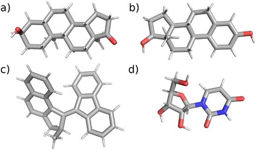 Molecular structure of (a) androsterone, (b) β-estradiol, (c) molecular motor, and (d) uridine.