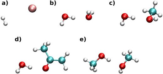 Molecular structures of (a) Be+⋯H2, (b) H2O⋯H2O, (c) H2O⋯CH3OH, (d) H2O⋯(CH3)2O, and (e) CH3OH⋯CH3OH studied in this work.