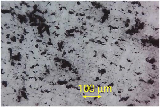 Rubber wear particles collected using adhesive tape. The particles were removed from the rubber surface with adhesive tape after sliding the rubber block onto the concrete surface. The largest wear particles may be agglomerates of smaller particles.