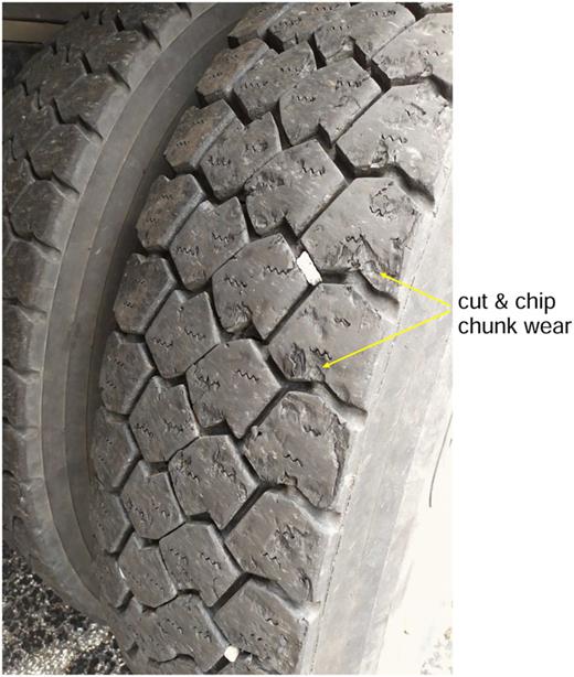 Cut and chip wear of truck tires results from removing macroscopic (∼cm) patches of rubber from the tire surface when driving on very rough road surfaces with long wavelength or large scale (∼cm) inhomogeneities such as gravel or roots (R. Stocek, private communication).