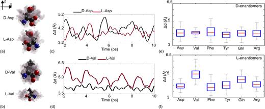 Illustration of the optimized structure (solid spheres) along with the nonequilibrium conformations (shadowed spheres) generated during the molecular dynamics (MD) trajectory for both enantiomers of (a) Asp and (b) Val. Time dependence of the distance between the center of mass of the chiral molecule and AGNR15, Δd(t), for both enantiomers of (c) Asp and (d) Val. Boxplots of the Δd values obtained during the MD trajectory for (e) D-enantiomer and (f) L-enantiomer of the six amino acids considered in this work.