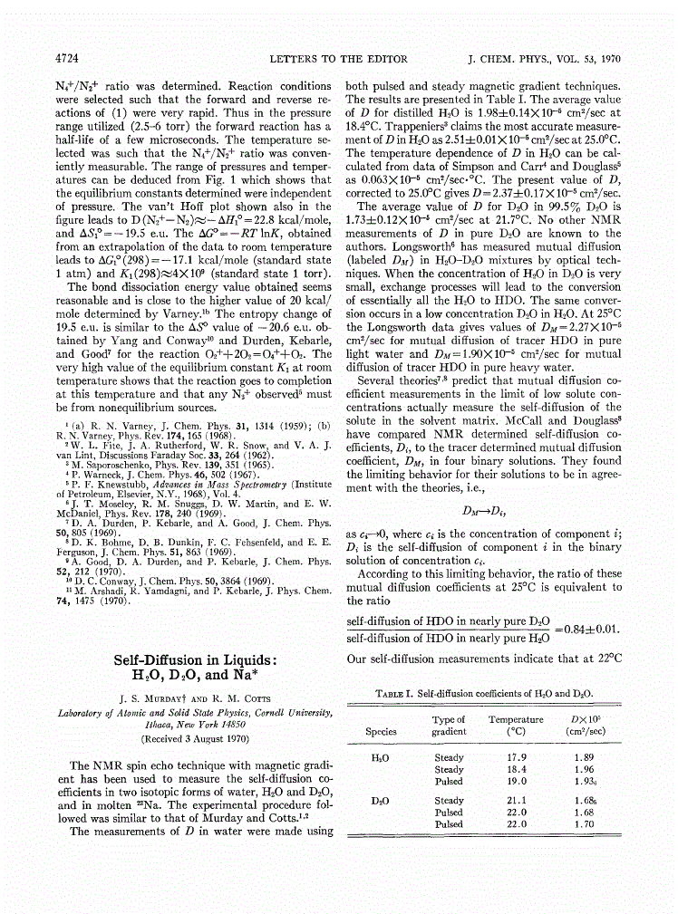First page of Self‐Diffusion in Liquids: H<sub>2</sub>O, D<sub>2</sub>O, and Na