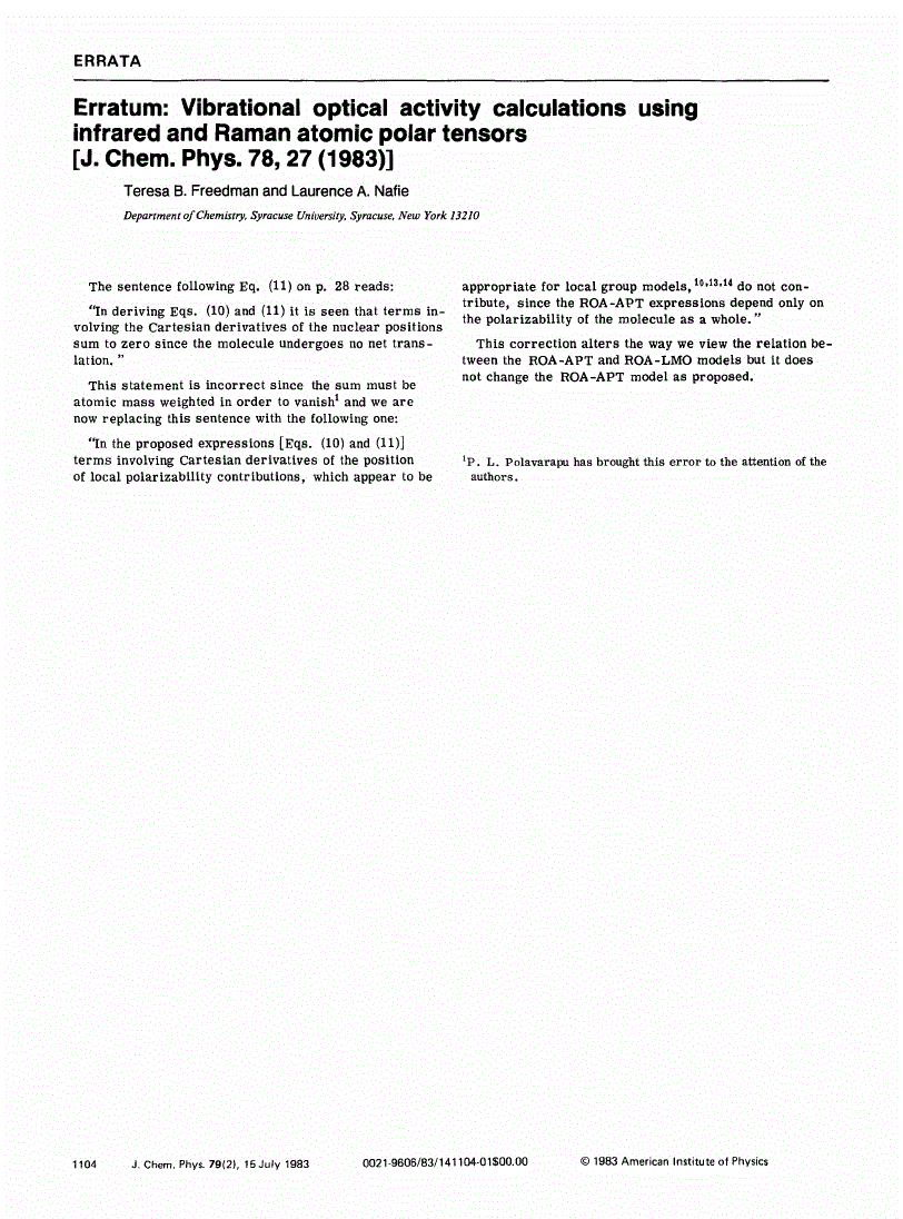 Erratum Vibrational optical activity calculations using infrared and