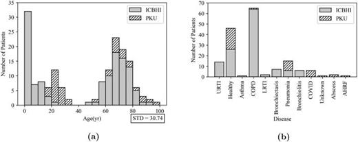 The distribution of the ICBHI and PKU datasets in terms of age and disease.