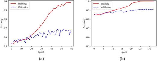 The training and the validation accuracies for (a) the ICBHI dataset and (b) the ICBHI+PKU datasets.