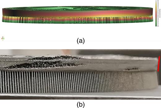 Simulated (a) and observed displacement and delamination (b) on the spike flange.
