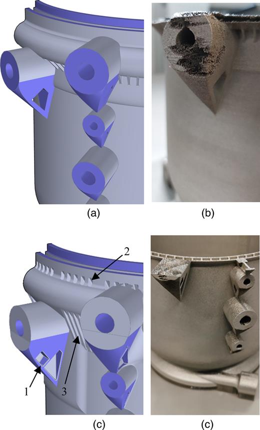 Initial design (a) and corresponding defects (b), design changes second iteration (c), and corresponding defects (d).