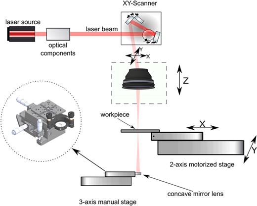 A schematic representation of the laser microprocessing platform used in the experiments.