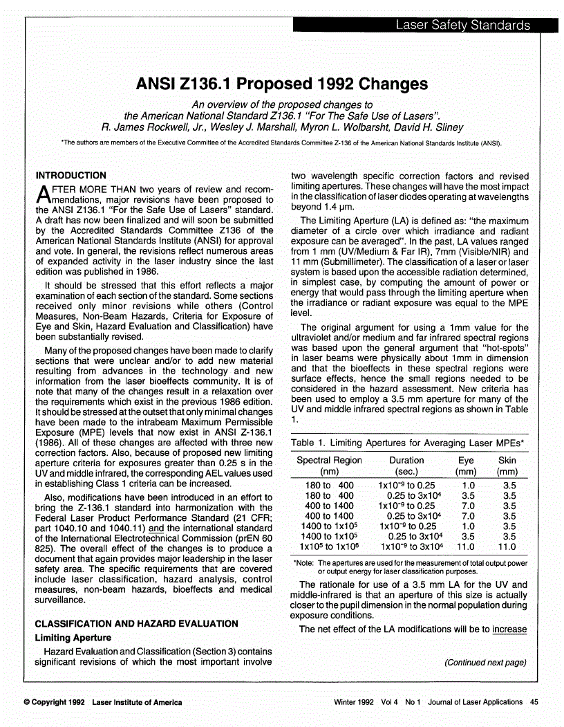 Ansi z136 1 proposed 1992 changes journal of laser applications aip